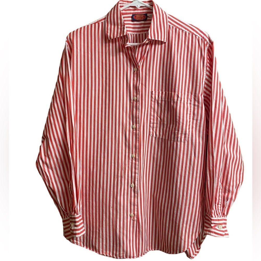 Vintage Red White Striped Long Sleeve Button Down